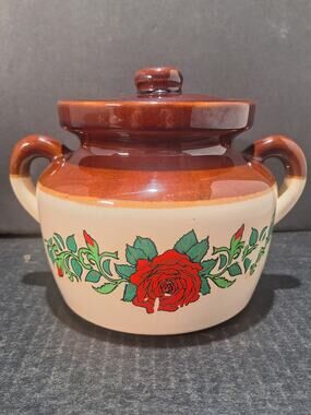 Vintage McCoy LCC USA 341 Covered Bean Pot Rare Rose Floral Decal Stoneware- HTF